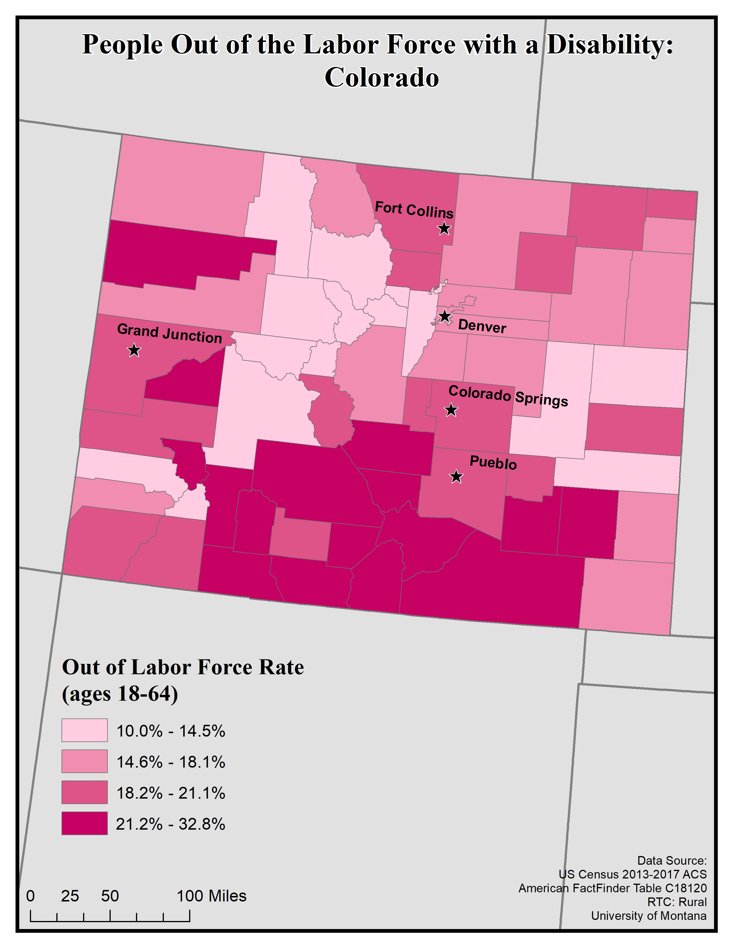 Map of CO showing rates of people with disability out of the labor force. Text description on page.