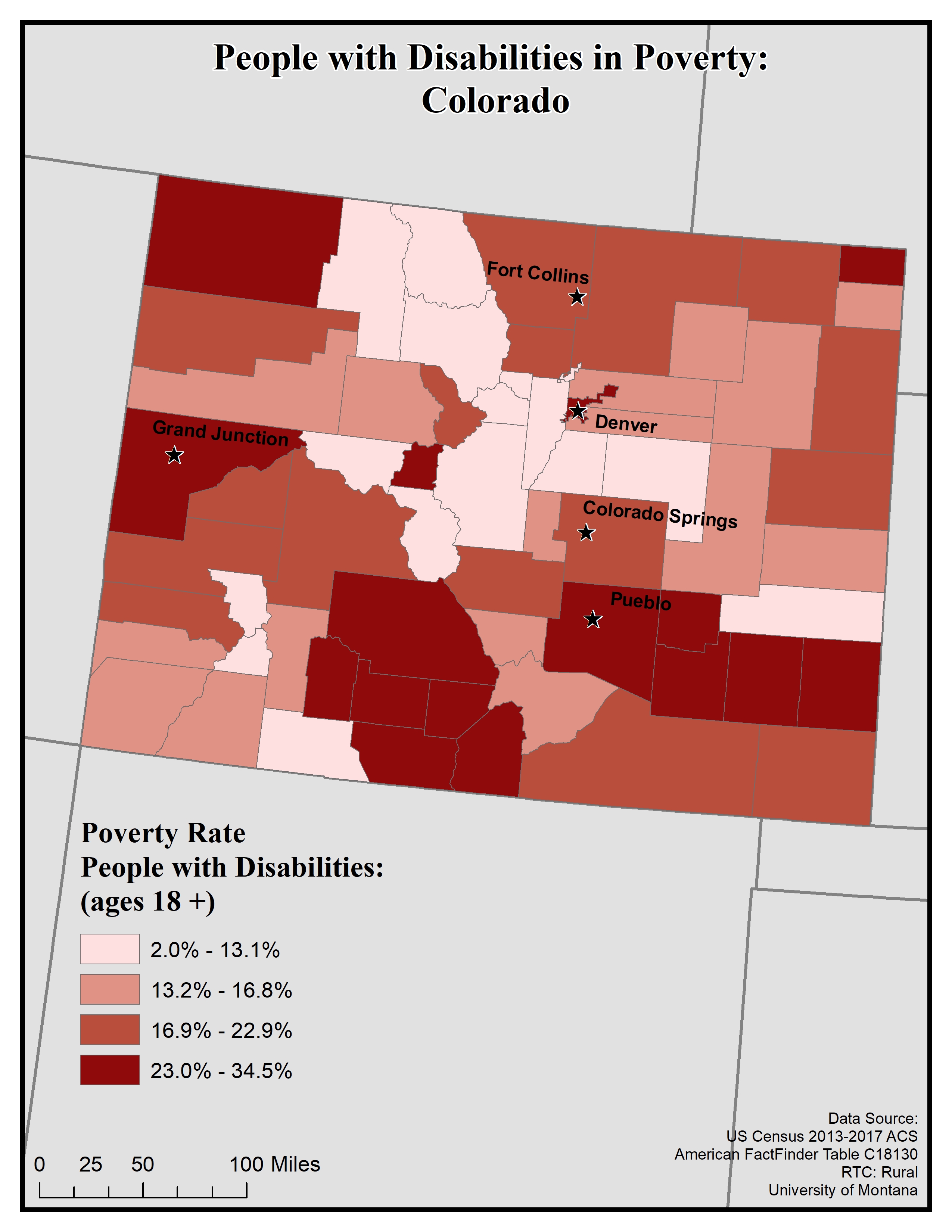 Map of CO showing poverty rates among people with disabilities. Text description on page.