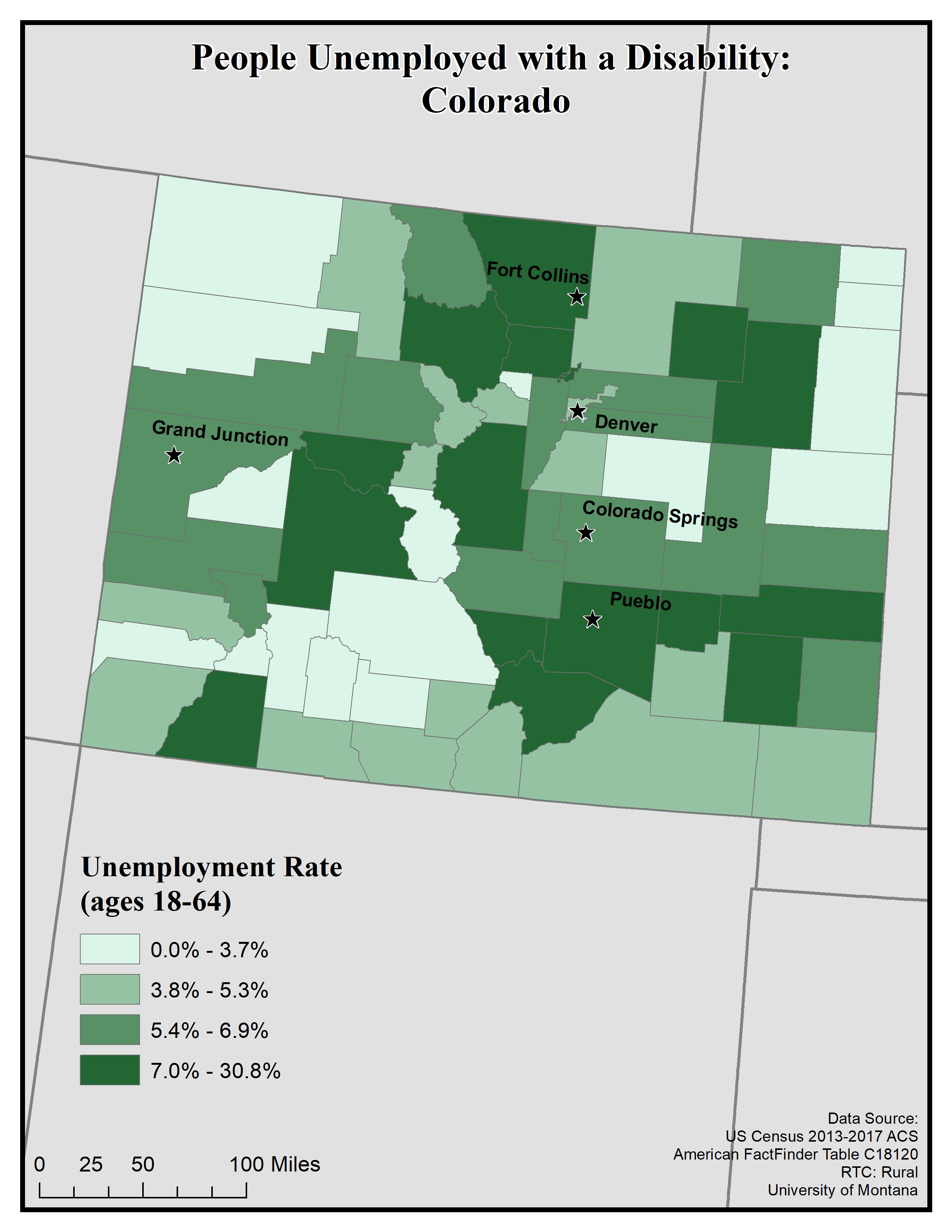 Map of CO showing rates of people with disability unemployed. Text description on page.