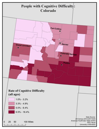 Map of CO showing rates of cognitive difficulty. Text description on page.