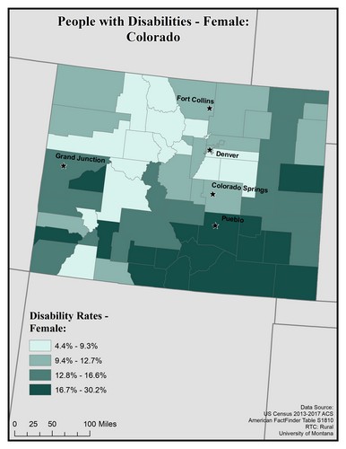 Map of CO showing rates of females with disability. Text description on page.