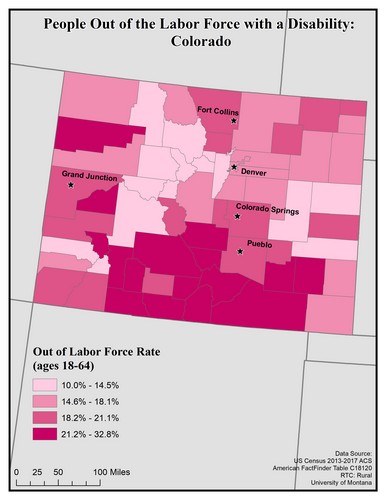 Map of CO showing rates of people with disability out of labor force. Text description on page.