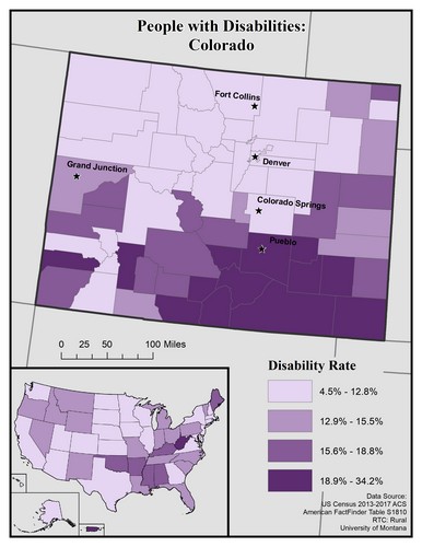 map of CO showing disability rate by county. Text description on page. 