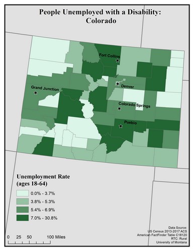 Map of CO showing rates of unemployment for people with disabilities. Text description on page.