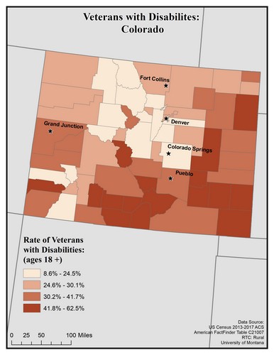 Map of CO showing rates of veterans with disability. Text description on page.