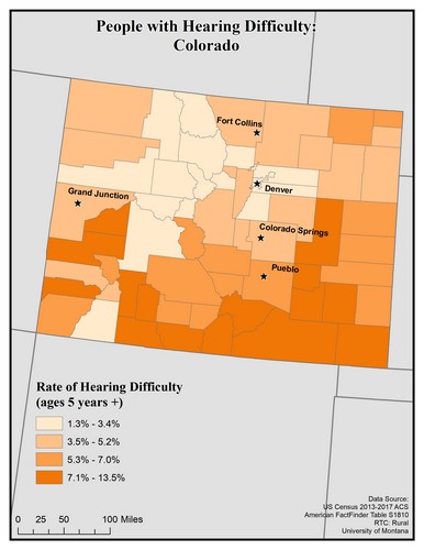 Map of CO showing rates of hearing impairment by county. Text description on page. 
