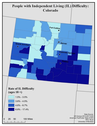 Map of CO showing rates of IL difficulty. Text description on page.
