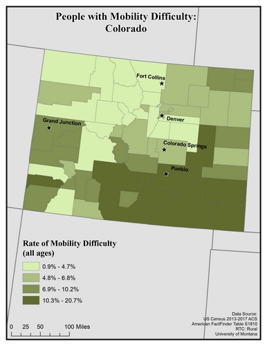 Map of CO showing rates of mobility difficulty. Text description on page.