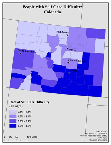 Map of CO showing rates of self-care difficulty. Text description on page.