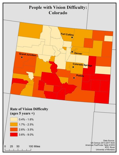 Map of CO showing rates of vision difficulty by county. Text description on page.