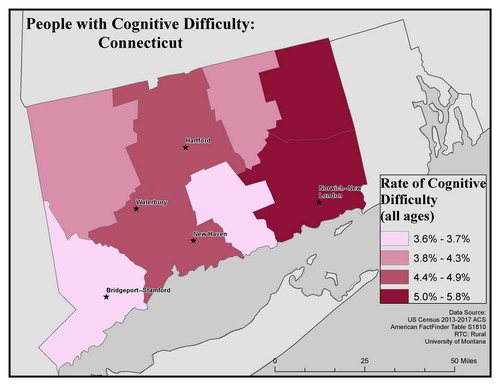 Map of CT showing rates of cognitive difficulty. Text description on page.