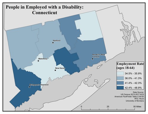 Map of CT showing rates of people with disability employed. Text description on page.
