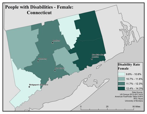 Map of CT showing rates of females with disability. Text description on page.