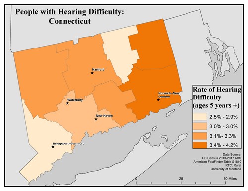 Map of CT showing rates of hearing impairment by county. Text description on page. 
