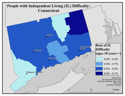 Map of CT showing rates of IL difficulty. Text description on page.