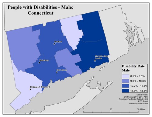 Map of CT showing rates of disability among males. Text description on page. 