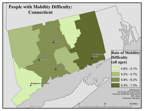 Map of CT showing rates of mobility difficulty. Text description on page.