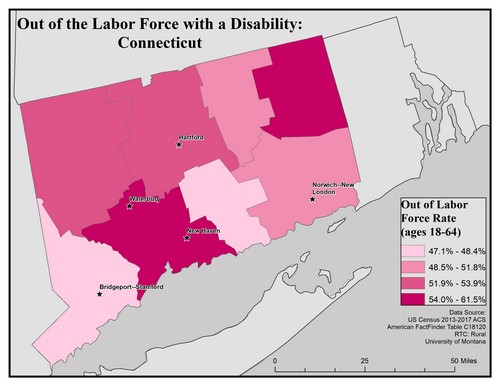 Map of CT showing rates of people with disability out of labor force. Text description on page.