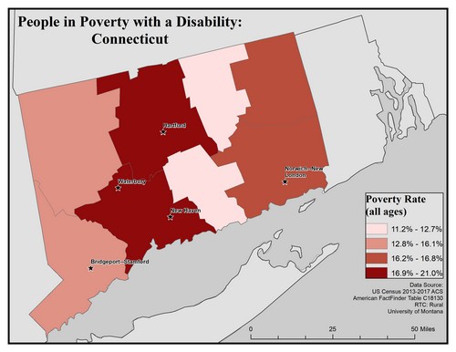 Map of CT showing rates of people with disabilities in poverty. Text description on page.
