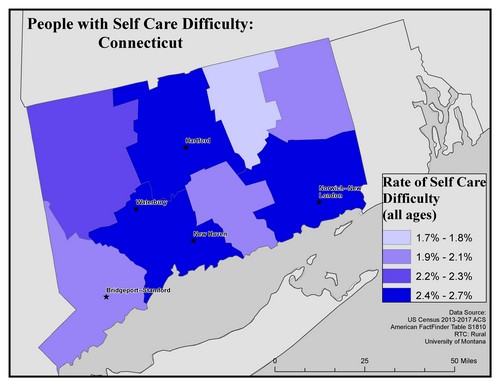Map of CT showing rates of self-care difficulty. Text description on page.