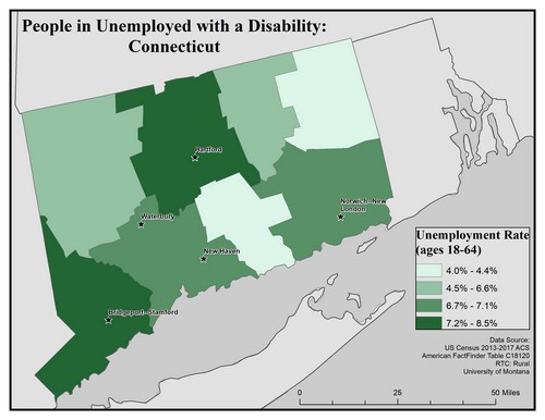 Map of CT showing rates of unemployment for people with disabilities. Text description on page.