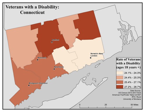 Map of CT showing rates of veterans with disability. Text description on page.