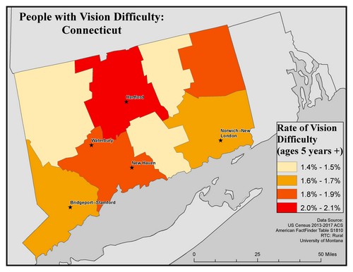Map of CT showing rates of vision difficulty by county. Text description on page.