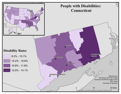 map of CT showing disability rate by county. Text description on page. 