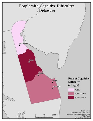 Map of DE showing rates of cognitive difficulty. Text description on page.