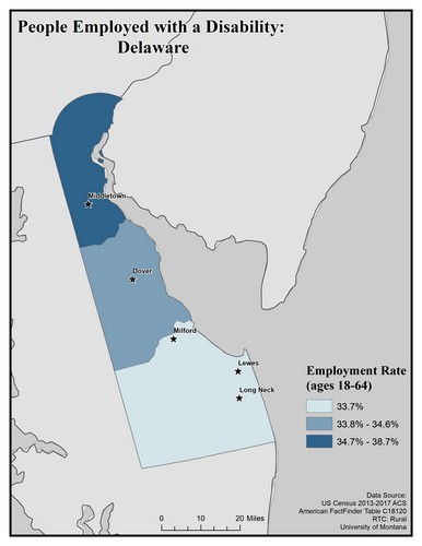 Map of DE showing rates of people with disability employed. Text description on page.