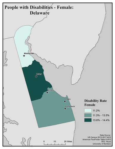 Map of DE showing rates of females with disability. Text description on page.