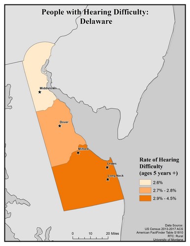 Map of DE showing rates of hearing impairment by county. Text description on page. 