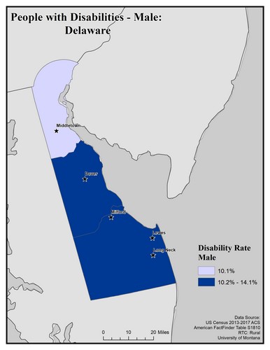 Map of DE showing rates of disability among males. Text description on page. 