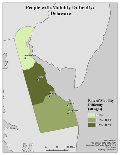 Map of DE showing rates of mobility difficulty. Text description on page.