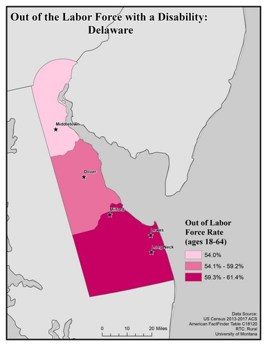Map of DE showing rates of people with disability out of labor force. Text description on page.
