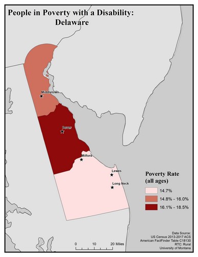 Map of DE showing rates of people with disabilities in poverty. Text description on page.