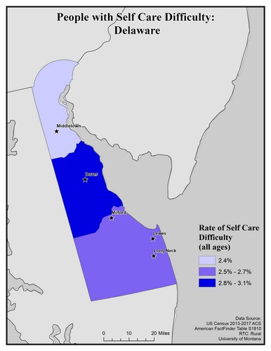 Map of DE showing rates of self-care difficulty. Text description on page.