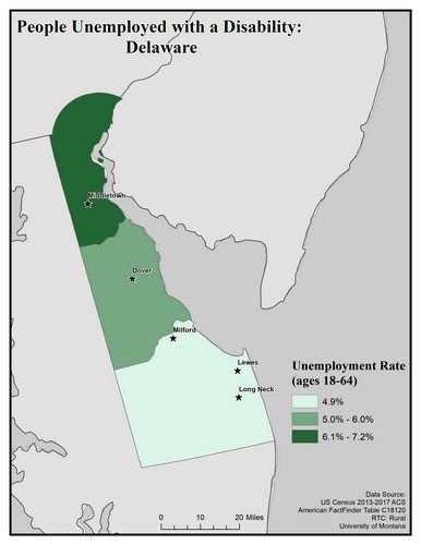 Map of DE showing rates of unemployment for people with disabilities. Text description on page.