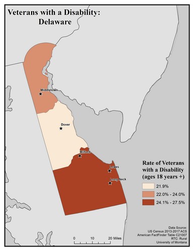 Map of DE showing rates of veterans with disability. Text description on page.