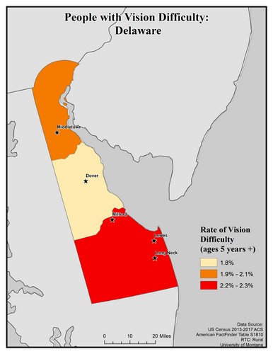 Map of DE showing rates of vision difficulty by county. Text description on page.