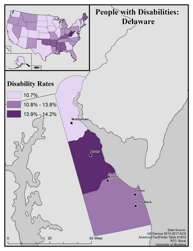 map of DE showing disability rate by county. Text description on page. 