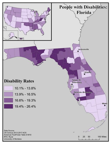 map of FL showing disability rate by county. Text description on page. 
