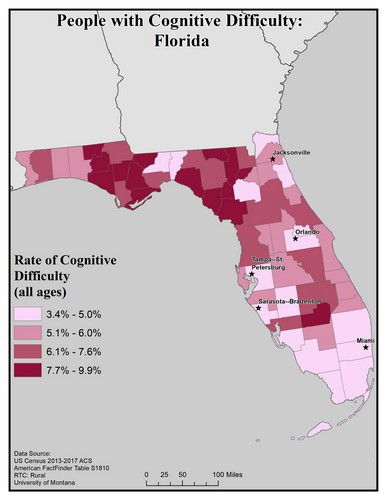 Map of FL showing rates of cognitive difficulty. Text description on page.