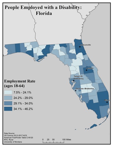 Map of FL showing rates of people with disability employed. Text description on page.