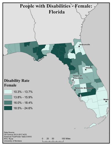Map of FL showing rates of females with disability. Text description on page.