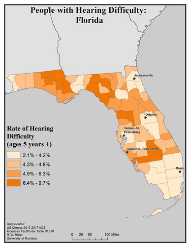 Map of FL showing rates of hearing impairment by county. Text description on page. 