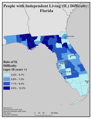Map of FL showing rates of IL difficulty. Text description on page.