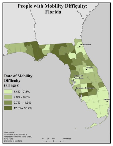 Map of FL showing rates of mobility difficulty. Text description on page.