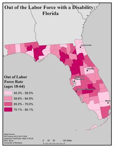 Map of FL showing rates of people with disability out of labor force. Text description on page.