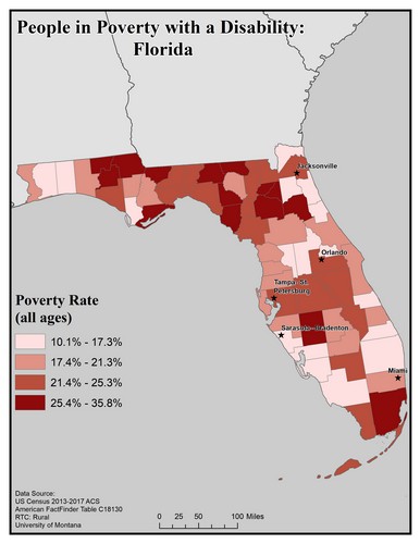 Map of FL showing rates of people with disabilities in poverty. Text description on page.